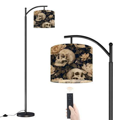 Lampe sur pied à arc avec abat-jour réglable, crâne floral gothique foncé, papillons et pivoines beiges