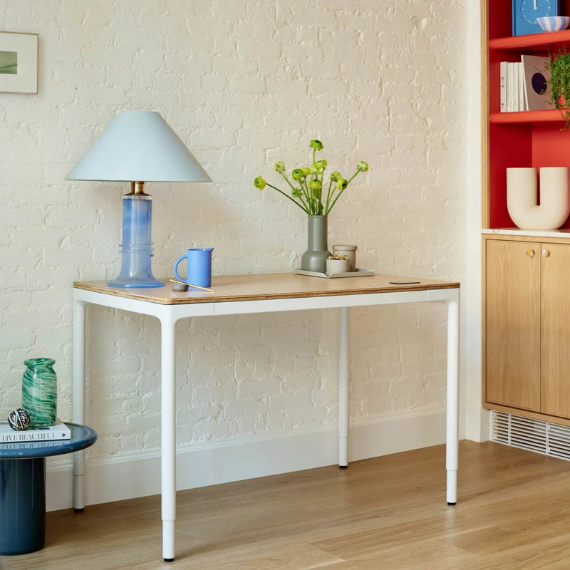 Four Leg Standing Desk, White, Woodgrain, 44.6" H x 48" W x 27" D