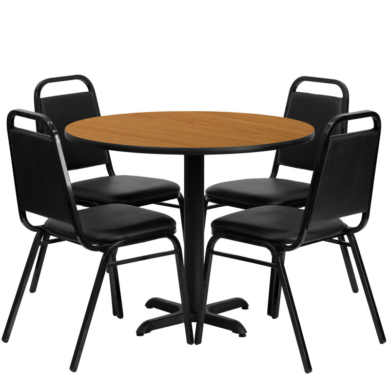 Ensemble de table ronde en stratifié 36 po avec base en X et 4 chaises de banquet trapézoïdales Ahlam, Naturel