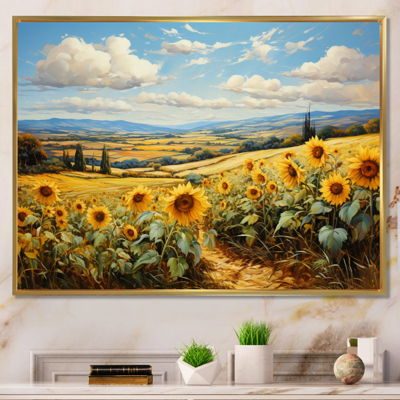 Berthille " French Sunflower Fields Country Charm I " Mixed Media Print, 16" H x 32" W, Gold Picture Framed