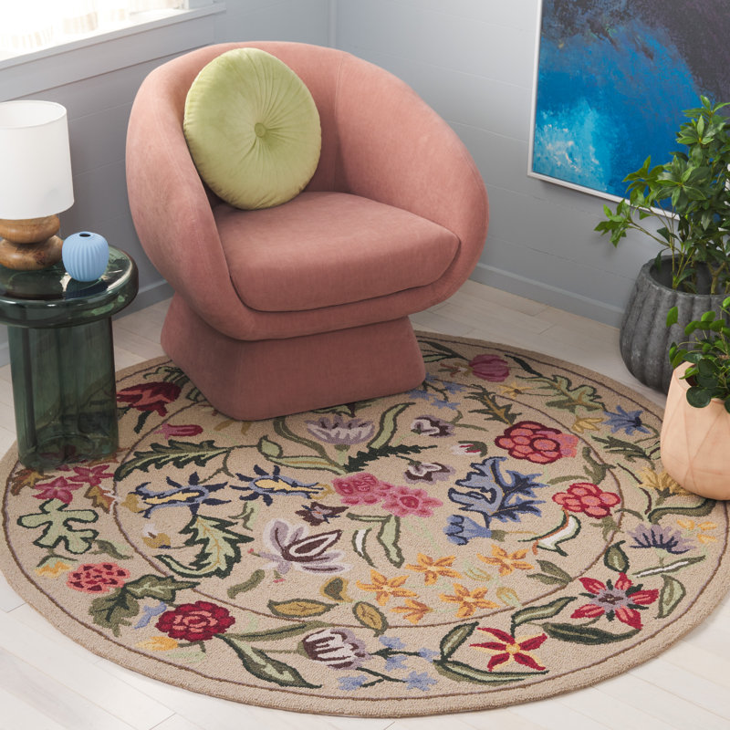 Lounes Hand Tufted Wool Floral Rug, Round 5'6"