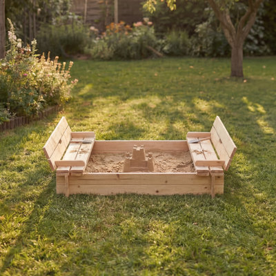 Children's Wooden Sandpit with Fold-Down Benches