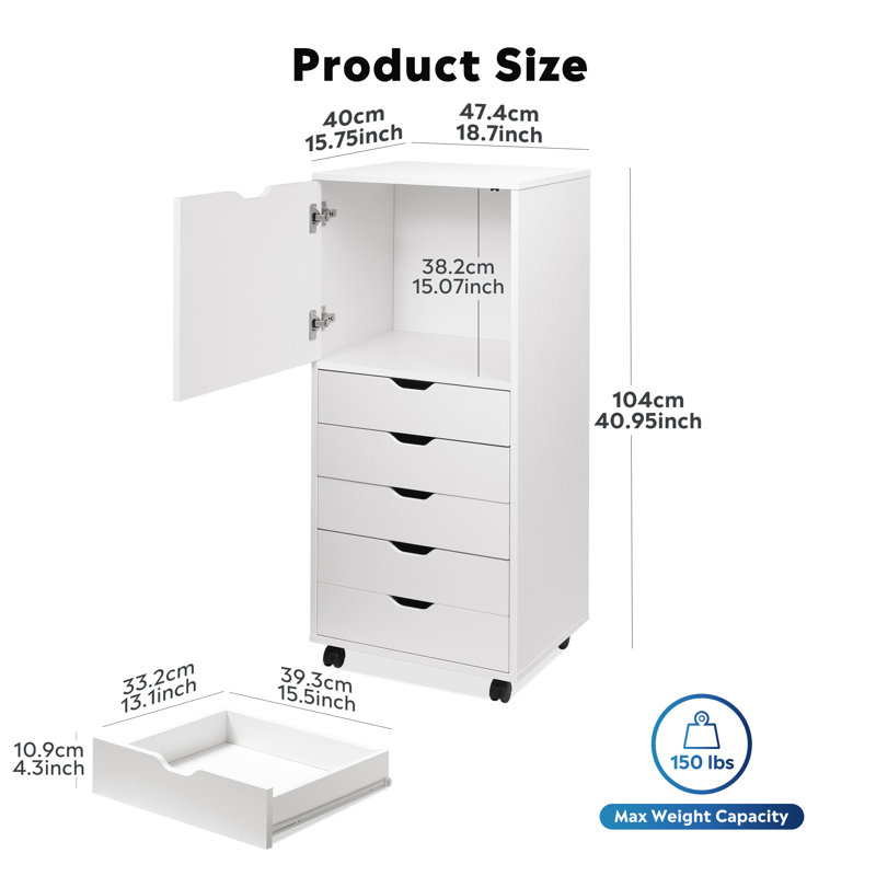  Commode 5 tiroirs en bois avec armoire supérieure, coffre de rangement mobile pour bureau personnel, blanc