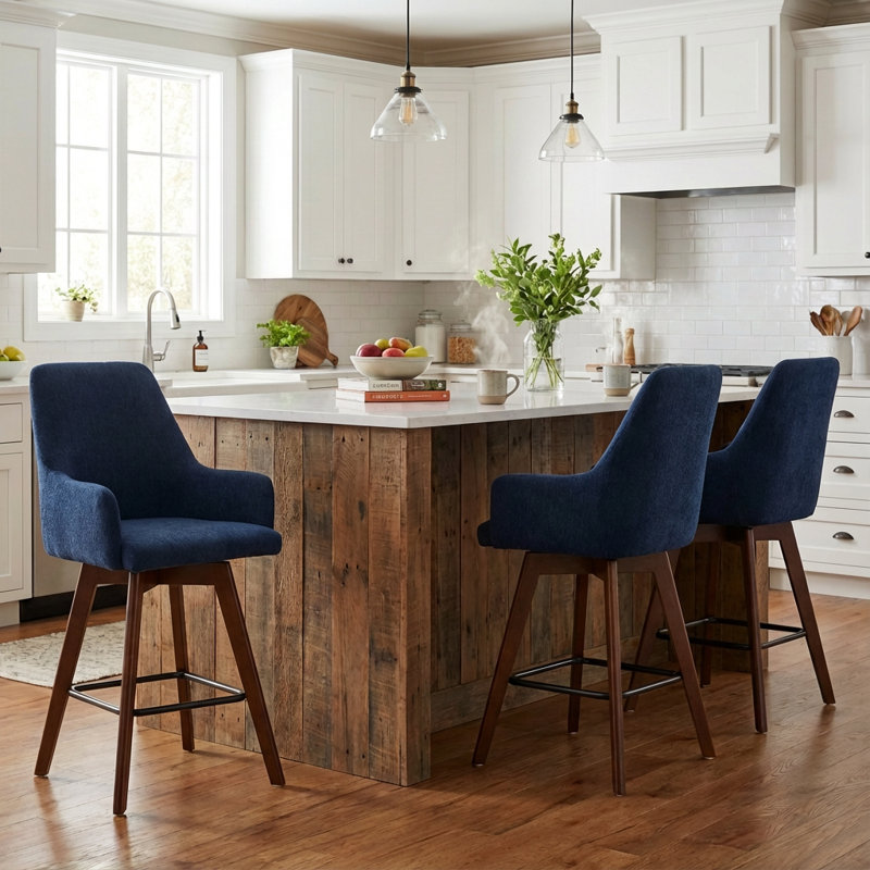 Swivel Bar Stool with Back and Wood Legs, Chenille Upholstered Counter Stool for Kitchen Island, Dining & Home Bar, Comfortable Modern Stool