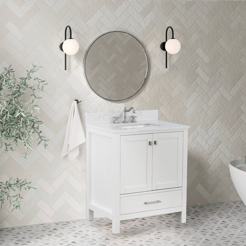 Meuble-lavabo moderne avec lavabo et rangement, Blanc / nickel brossé, 30'
