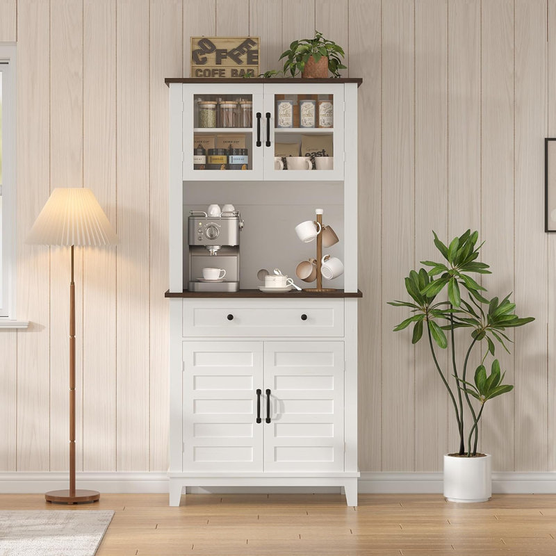 Farmhouse Coffee Bar Cabinet, 72" Kitchen Storage Table with Drawers & Glass Doors, White Kitchen & Dining Room Sideboard