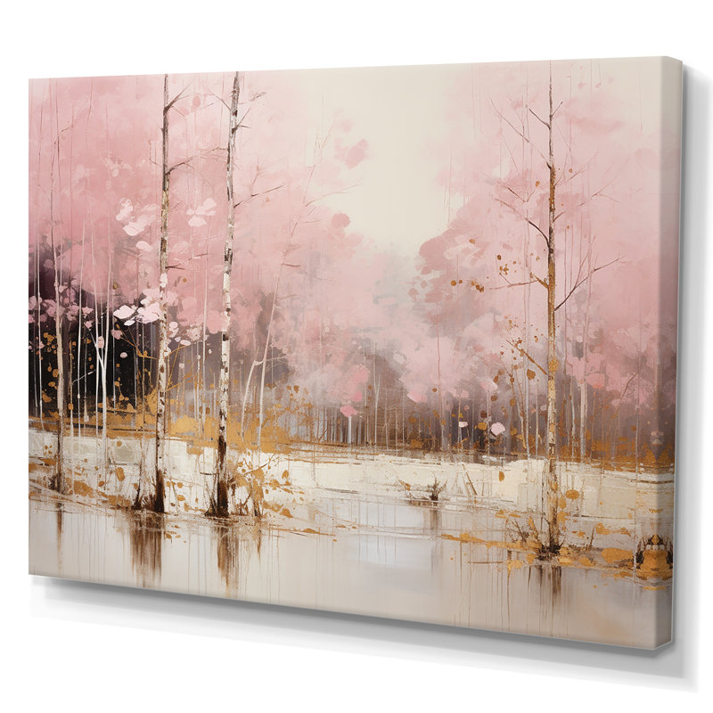«Minimalisme rose et forêt dorée I», art sur toile, H 24 po x l 32 po x P 1 po, Toile tendue