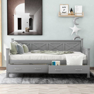Lit de jour simple avec 2 grands tiroirs, structure en X, lit de jour moderne et rustique