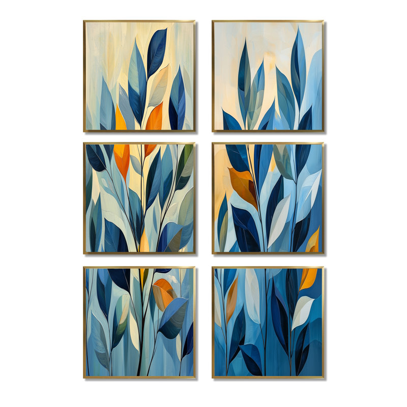 Feuilles Mid-Century bleues et orange - Minimalisme, ensemble de 6 impressions sur toile, Doré