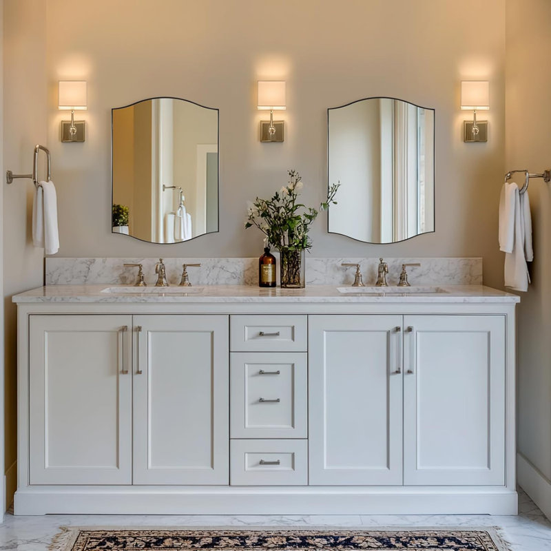 Dual Arch Scalloped Rectangular Bathroom Wall Mirror | Stainless Steel Frame, Brushed Nickel, 30" x 22"