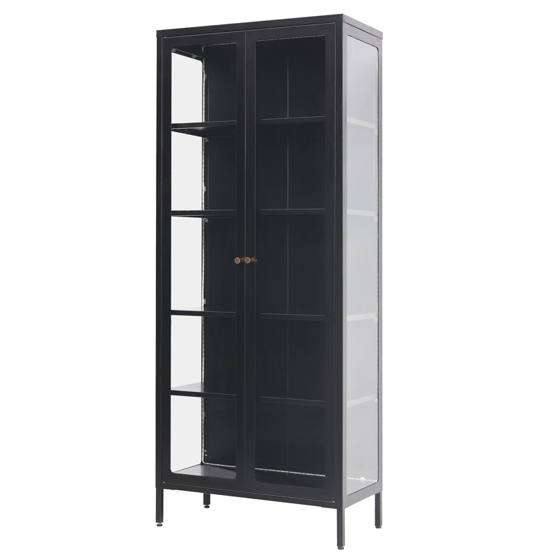 5-Tier Black 3-Sided Glass Dining Cabinet with Lights, Metal Display Stand, Black