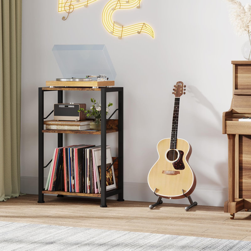Support à 3 niveaux pour tourne-disque - Disque vinyle rétro avec table de bout pour le salon et la chambre à coucher (brun rustique)
