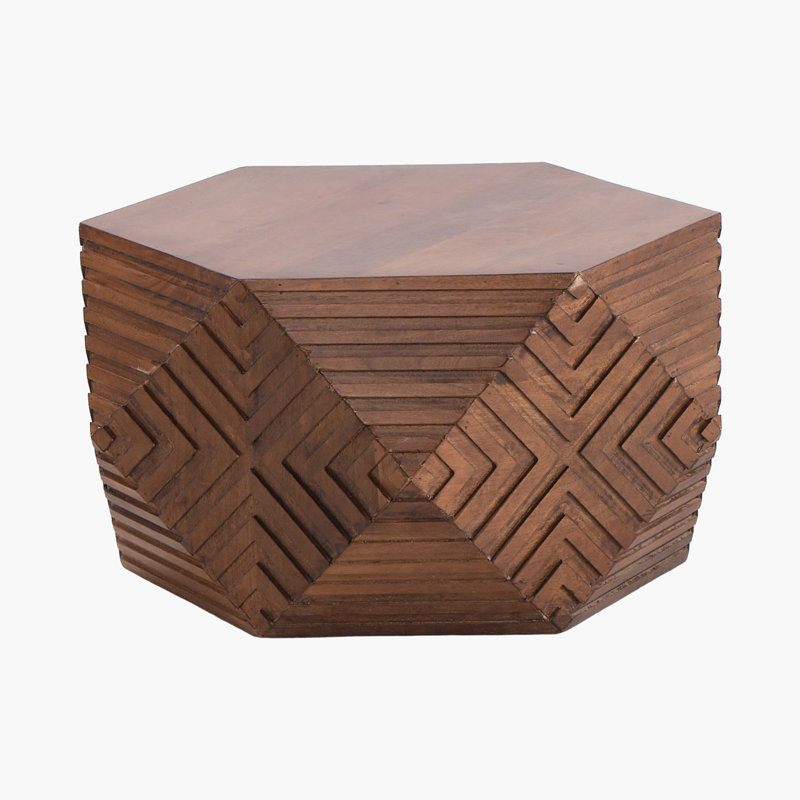PERRIN Hand-Carved Solid Wood Hexagonal Coffee Table
