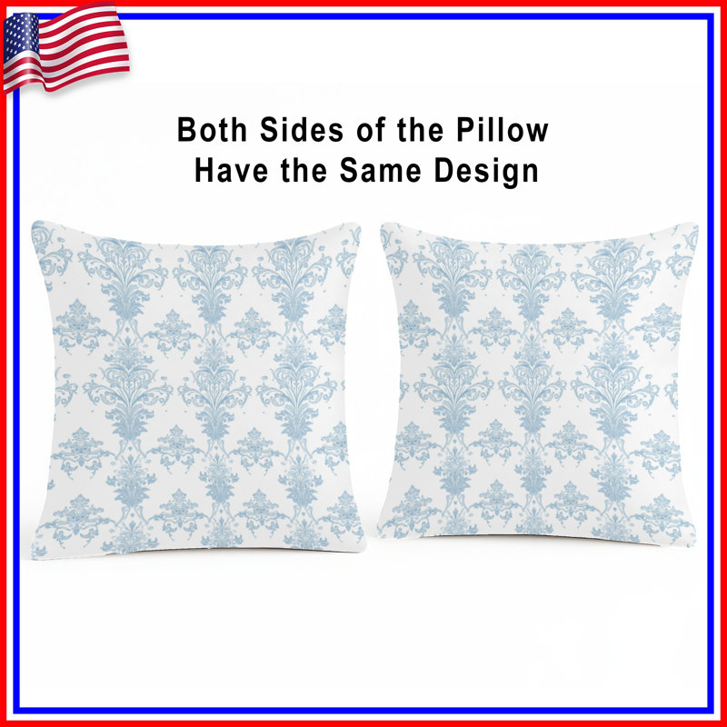 Coussins décoratifs bleus à motif damassé double face, 16 x 16 pouces