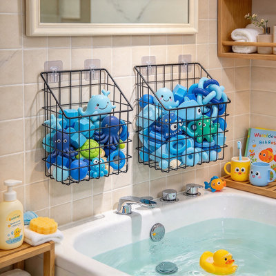 Ensemble de 2 paniers de rangement pour jouets de bain en fil de métal mural, grand panier de douche suspendu antirouille pour jouets et articles de toilette
