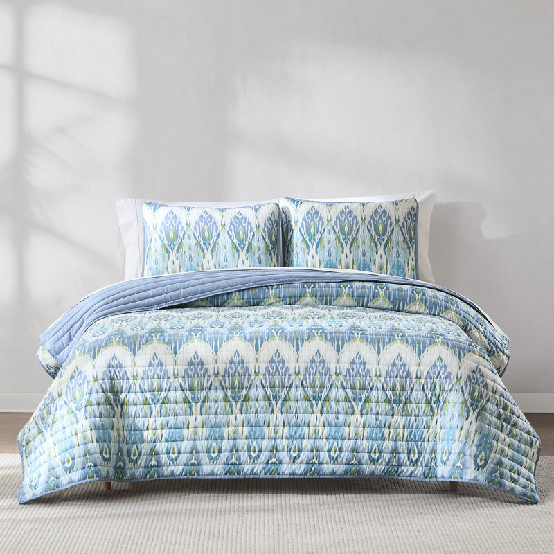 Ikat Drops Quilt Teal 3Pc Set, King Quilt + 2 Shams