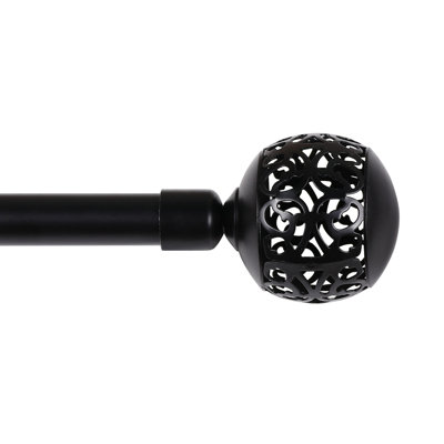 Tringle à rideaux télescopique ajustable pour fenêtres, 28 à 48 po, tringle à rideaux décorative de 0,75 po de diamètre avec embouts sculptés en forme de boule creuse, noir