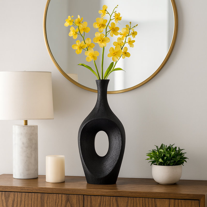 Vannorman Ceramic Sculptural Cut-Out Table Vase , Scratched Black, 19"H x 9"W x 4"D