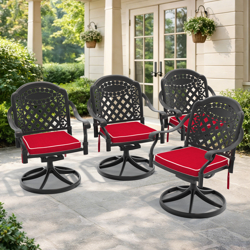 Lot de 4 chaises de salle à manger pivotantes d'extérieur en fonte d'aluminium avec coussins et accoudoirs, noir et rouge