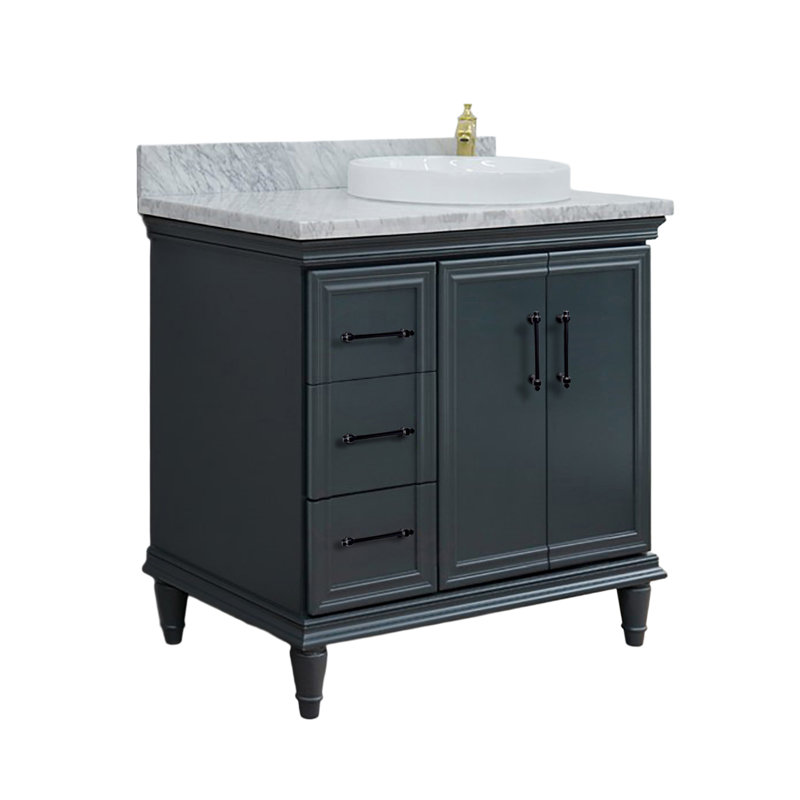 Meuble-lavabo simple 37 po et lavabo rond - porte droite / lavabo droit, Marbre de Carrare blanc