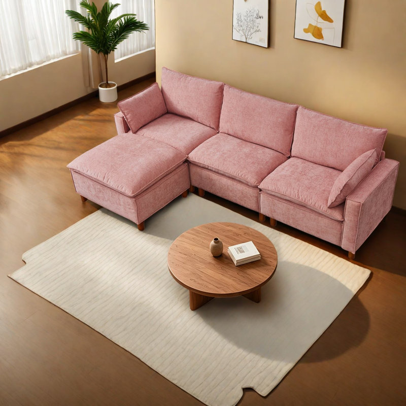 Canapé modulaire moderne en chenille rose de 108,5 po avec repose-pieds pour la maison