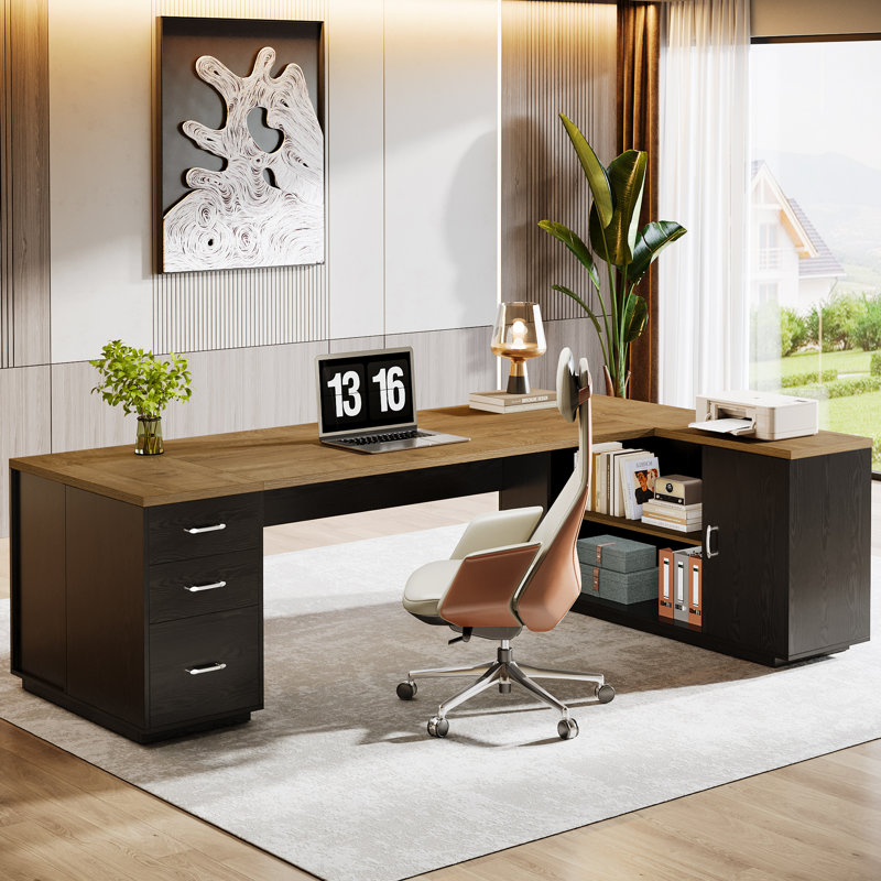 85.8-Inch L-Shaped Executive Desk with File Drawers, Natural/Black