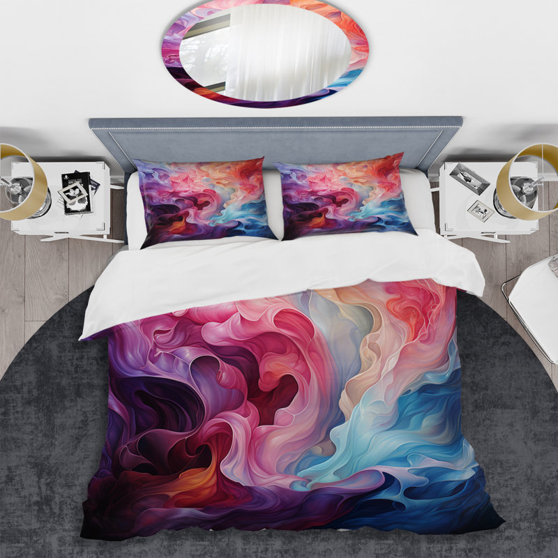 Ensemble de housse de couette en microfibre bleu / noir / rose, Housse de couette pour grand lit et 2 taies décor