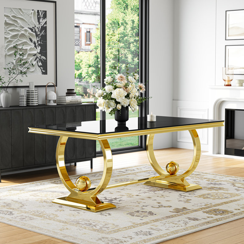 70" Glass Dining Table Set Of 7, Double U-Shaped Polished Stainless Steel Base, 10Mm Thick Tempered Glass Top And Velvet Upholstered Nailhead Chairs