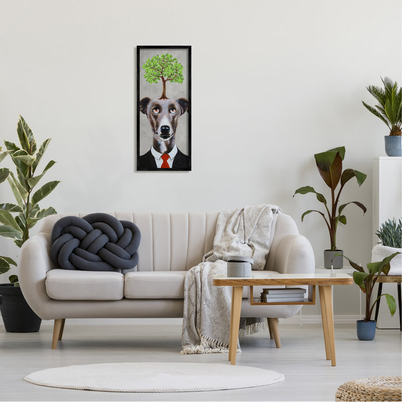 Arbre arborant un chien en costume encadré sur bois par Coco De Paris, peinture, H 30 po x l 13 po x P 1,5 po