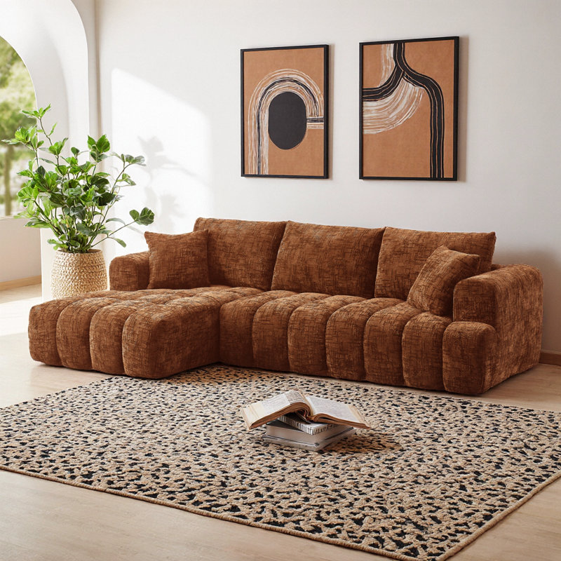 Canapé modulaire en L de luxe en chenille - kaki, canapé-lit confortable, aucun assemblage requis, Orange