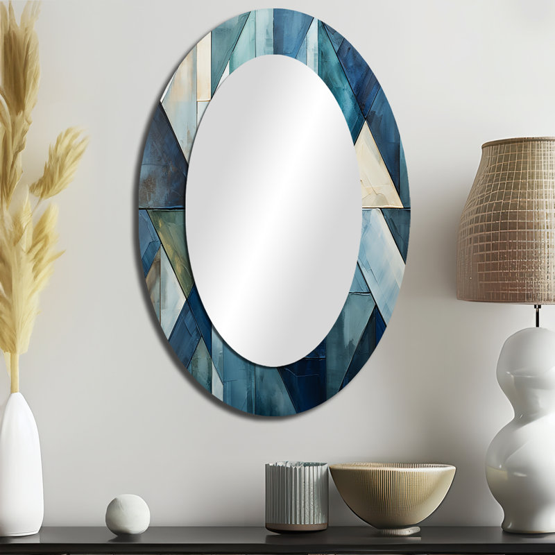 Nautique, formes géométriques blanches et bleues I - Grand miroir mural ovale sur métal, H 36 po x l 24 po