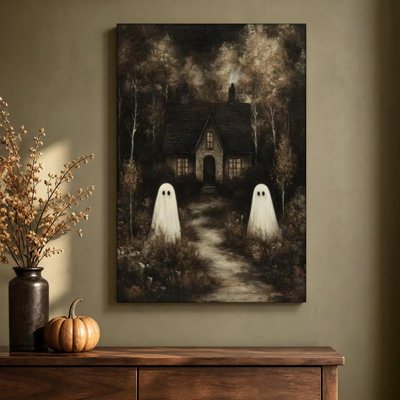 Tableau à l'huile sur toile tendue représentant des fantômes dans un chalet hanté, 61 x 91 cm, prêt à accrocher.