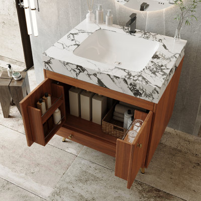 Meuble-lavabo autoportant Mid-Century avec plateau en faux marbre et lavabo en céramique