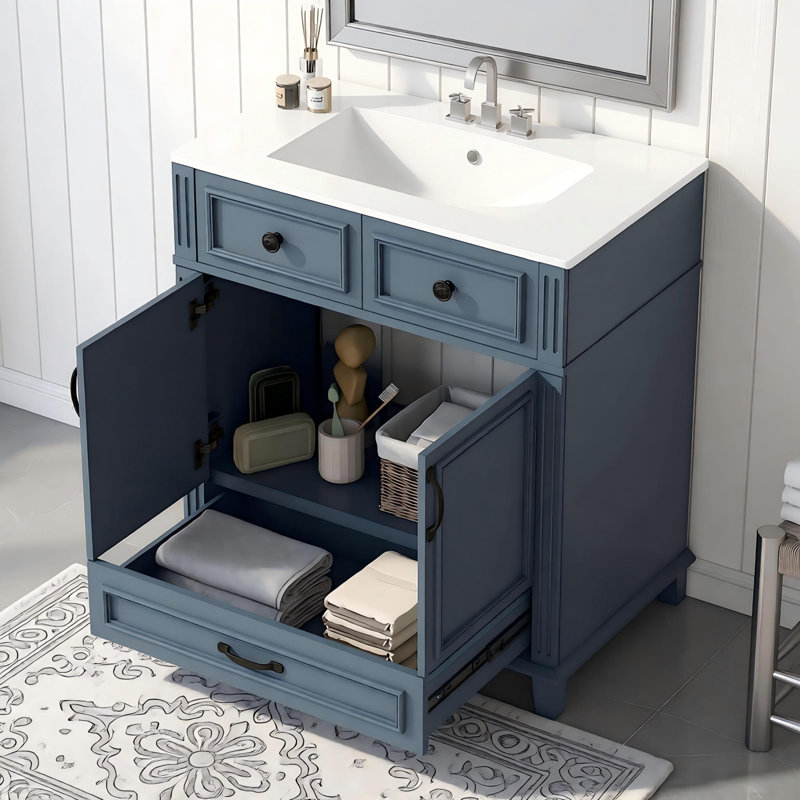 Meuble-lavabo de salle de bain 30 po avec lavabo en céramique, armoire de rangement en bois massif avec portes à fermeture douce, style rétro, bleu