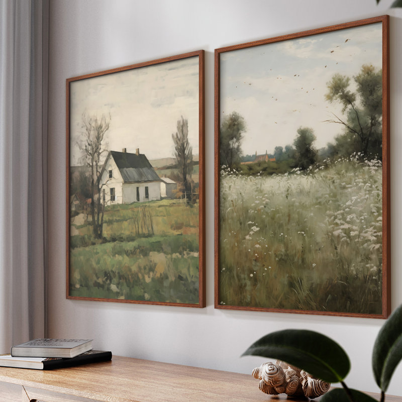 «Vintage Landscape IX», impression giclée sur cadre - ensemble de 2, H 23 po x l 58 po, Noyer