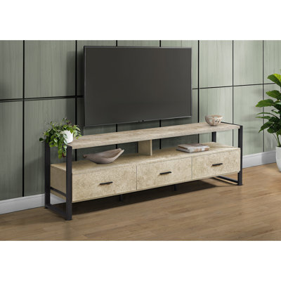 72 - Inch Tv Stand, Contemporary Media Entertainment Center With Cream Stone Laminate And Black Metal. 2 Open Shelves For Devices, 3 Storage Drawers On Metal Glides. Solid Construction, Quick