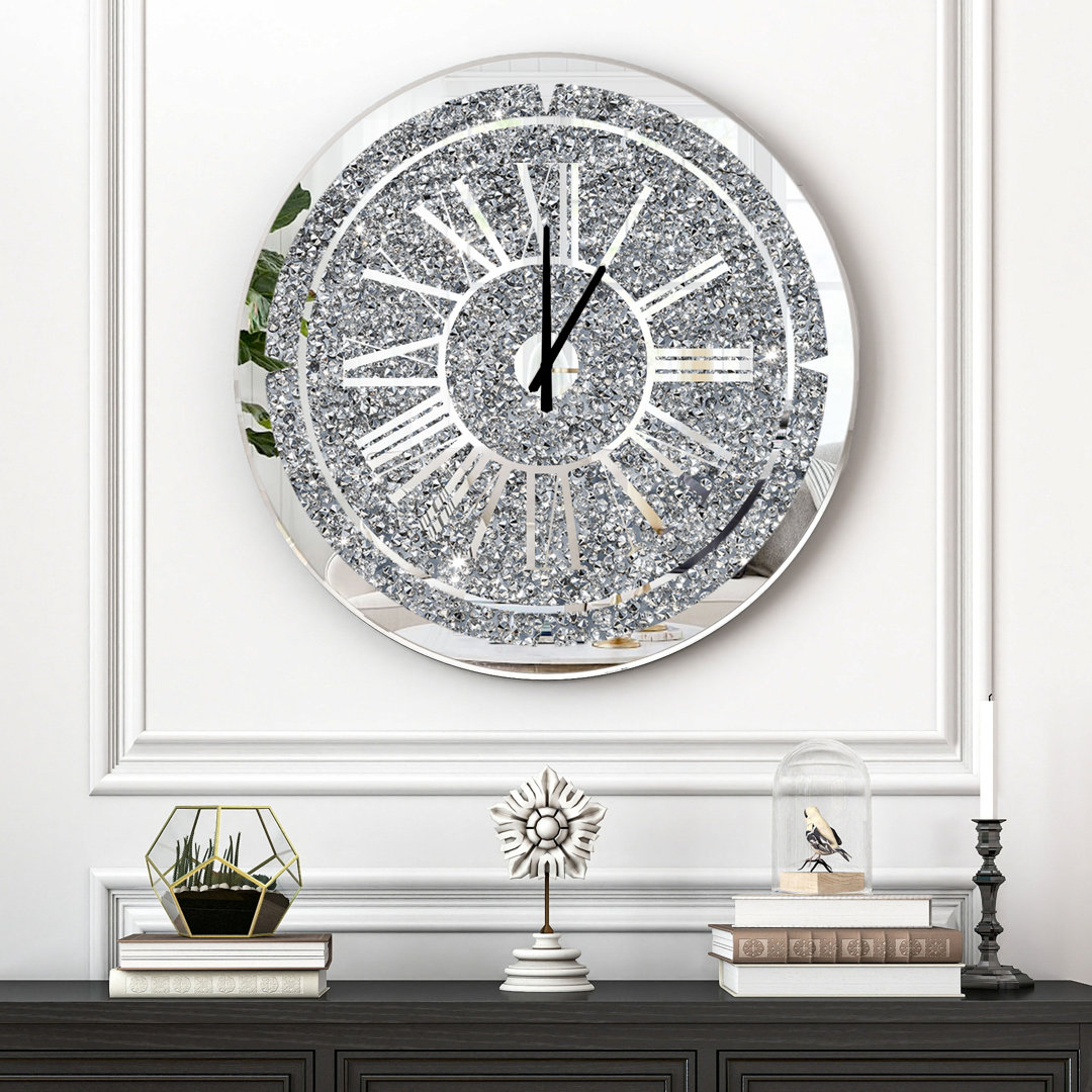 60x60cm Wall Clock Crushed Diamond Mirrored Round Accent Clock