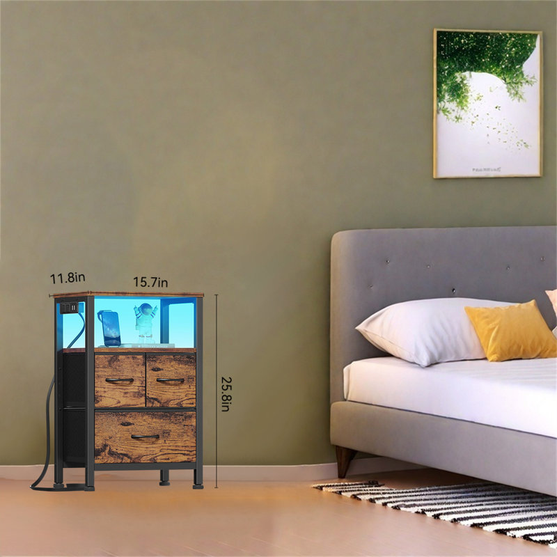 Multifunctional Bedside Table With Charging Station, LED Lights & Storage, Brown