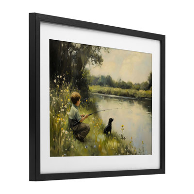 Boy & Puppy Fishing Framed Print Under Glass, design by Arlington Prints