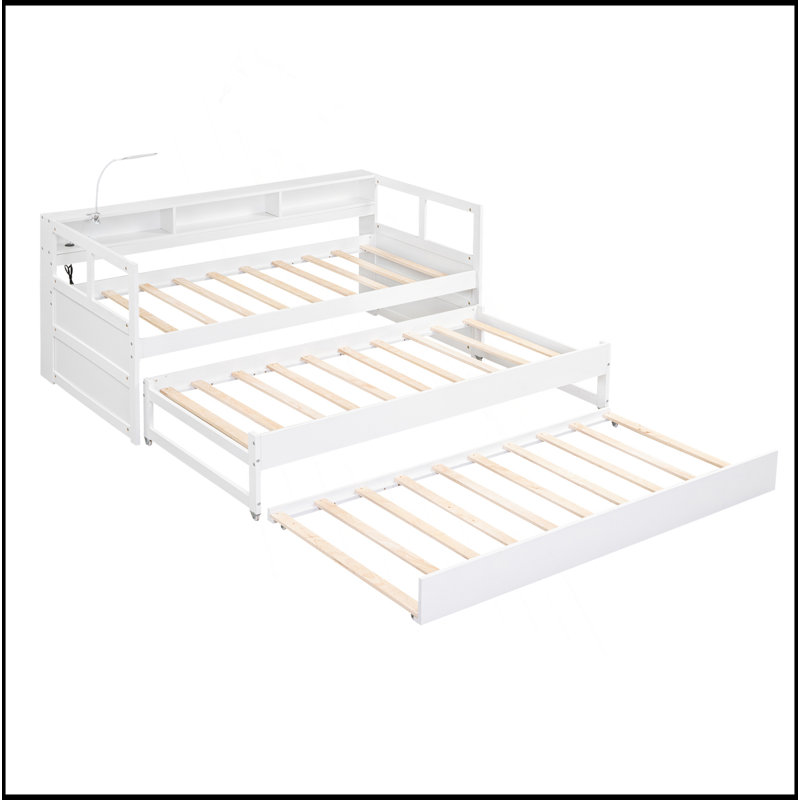 Twin XL Wood Daybed With 2 Trundles, 3 Storage Cubbies, 1 Light For Free And USB Charging Design, White
