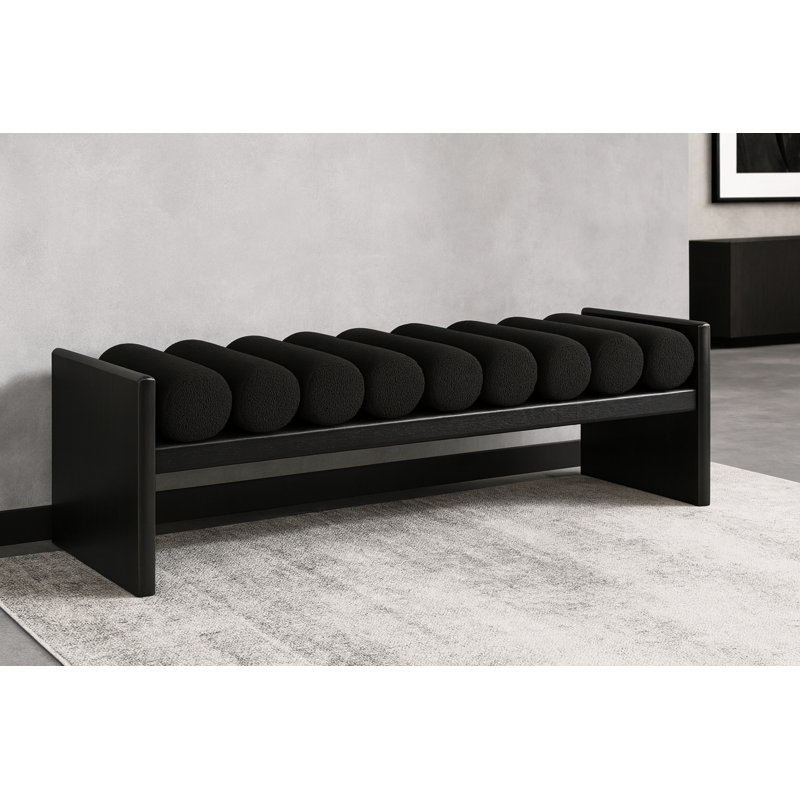 Waverly Boucle Wood Bench, Black Boucle Fabric / Black Finish, 18" H x 52" W x 19" D