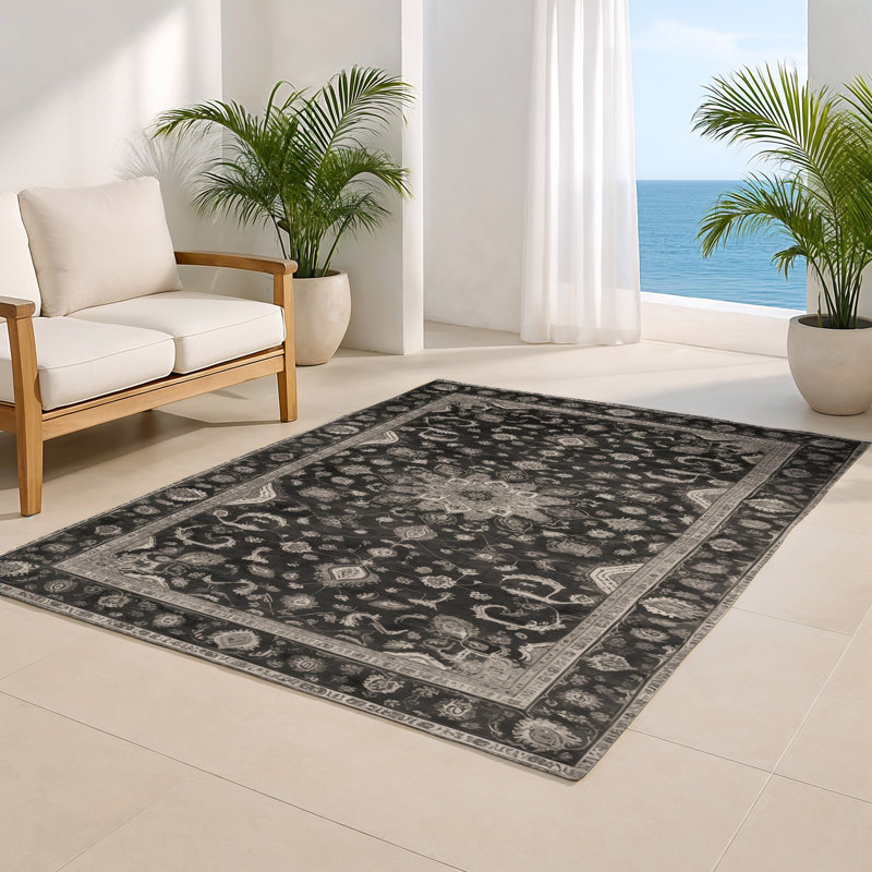 Tabriz Black Indoor and Outdoor Area Rug, Rectangle 3' x 5'