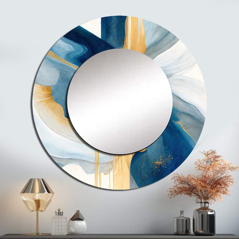 Oweta Bold Expression Art I - grand miroir à spirales abstraites, décor de miroir mural rond bleu unique, impression sur métal