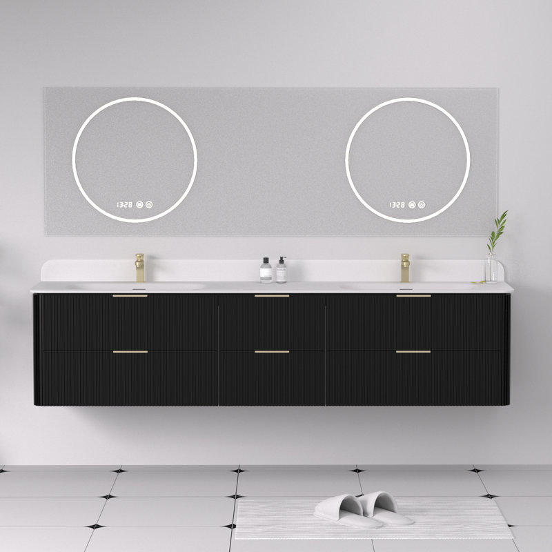Meuble-lavabo mural 84 po en bois massif avec double vasque en acrylique et dosseret en acrylique, Peinture noire, Or brossé
