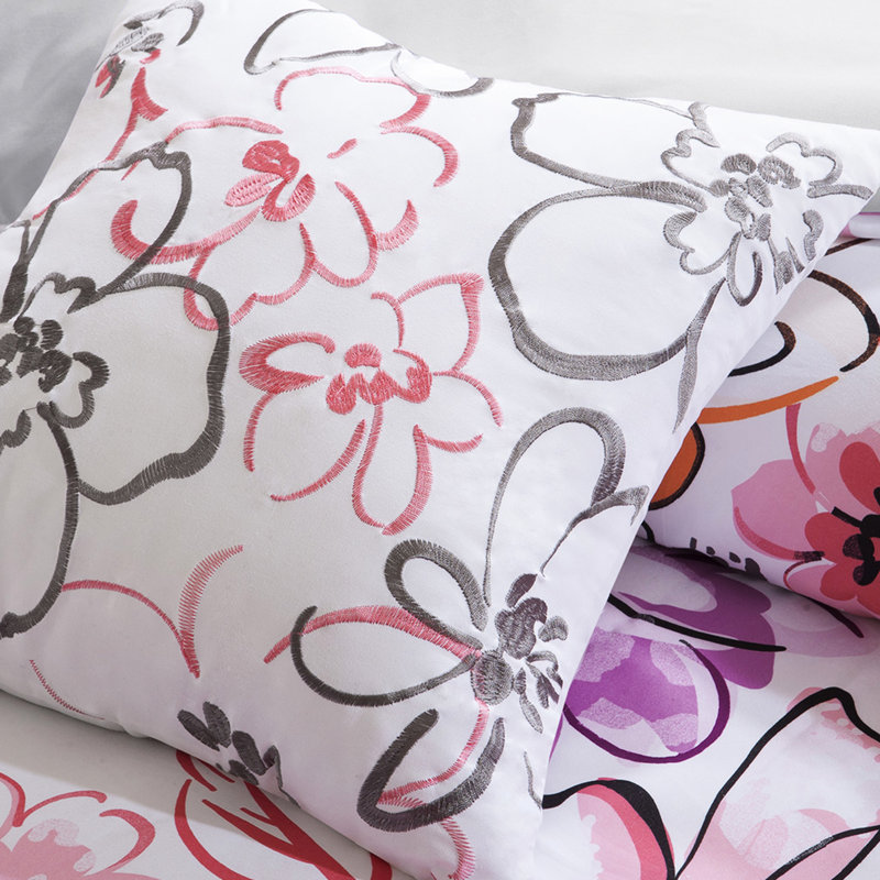 Édredon simple / simple TG avec imprimé floral, taie décorative en rose, imprimé et revers gris uni