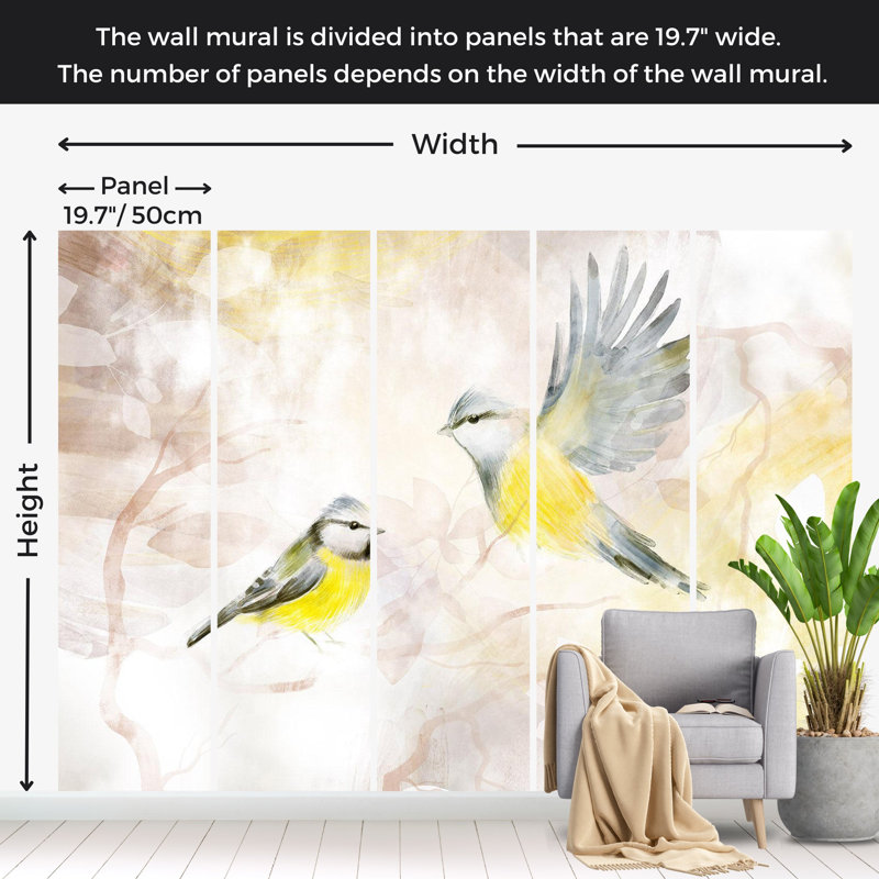 Papier peint animaux - Aquarelle oiseaux - jaune, L 137 po x L 100 po
