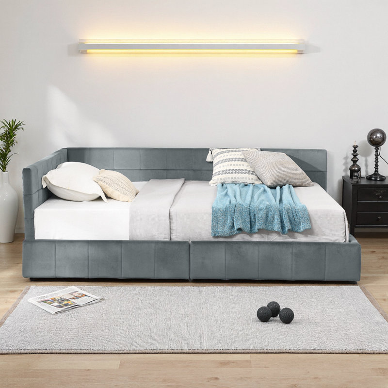 Grey Velvet Full-Size Tufted Sofa Bed Frame with Storage Drawers & Mid-Century Design, Gray, Full