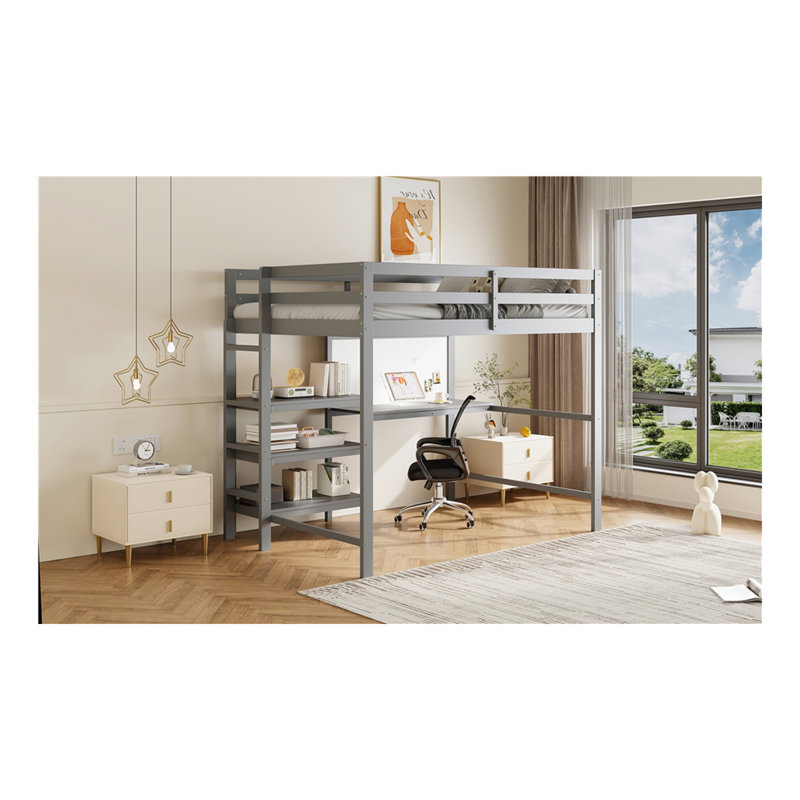 Lit mezzanine simple en bois avec tablettes, bureau et tableau d'écriture - Gris, Gris