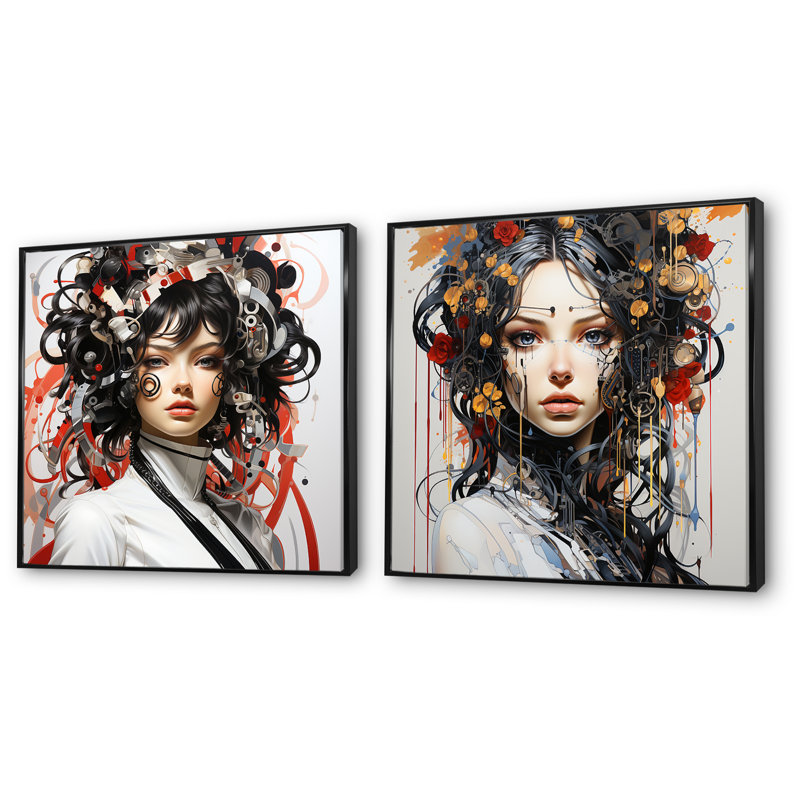 «Digital Dreams Cybernetic Woman Portrait IV», ensemble de 2 reproductions d'art mural, Cadre noir