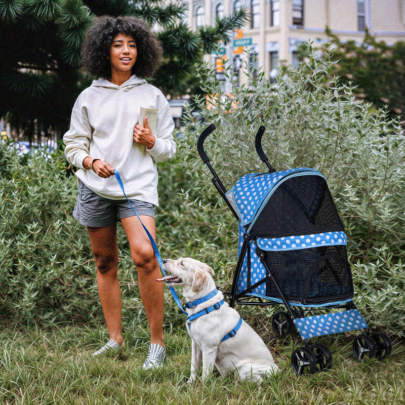 Sky Blue Polka Dot Foldable Pet Stroller with Mesh Windows